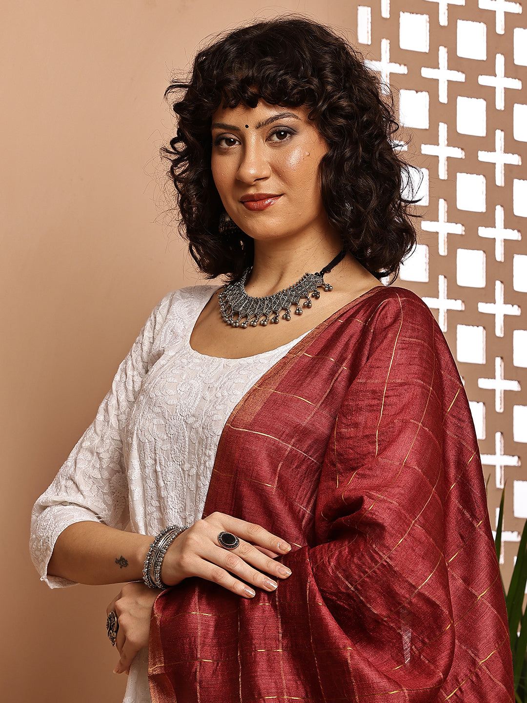 Dupatta- Muga- Brick Red Zari Check
