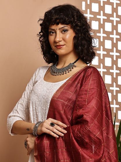 Dupatta- Muga- Brick Red Zari Check