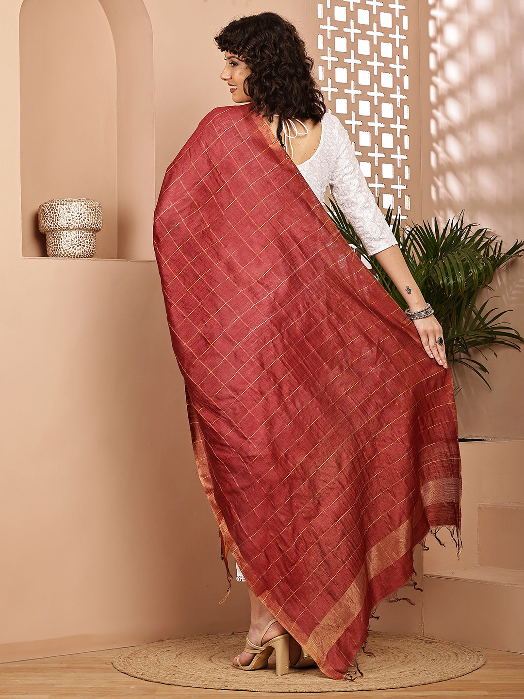 Dupatta- Muga- Brick Red Zari Check