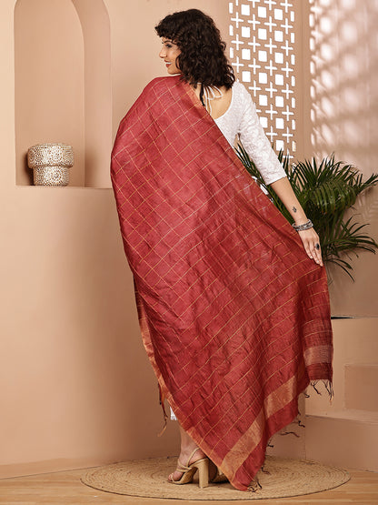 Dupatta- Muga- Brick Red Zari Check