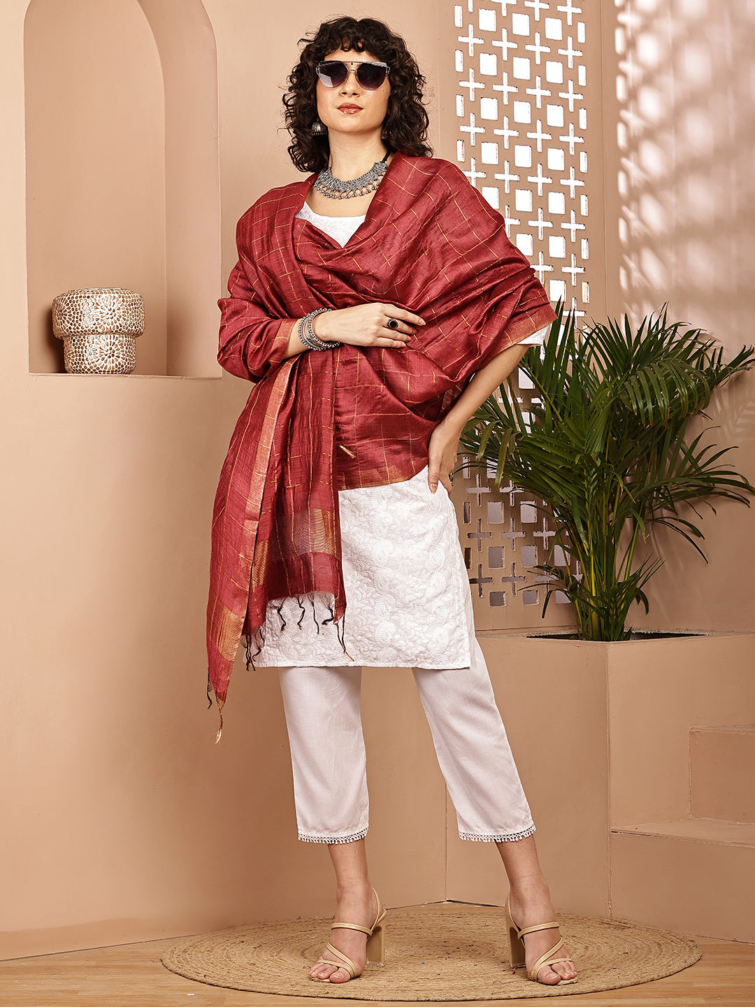 Dupatta- Muga- Brick Red Zari Check