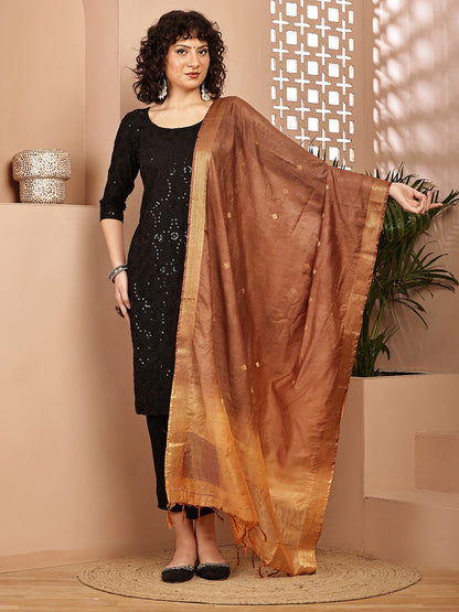 Dupatta-Cotton Silk - Gold Zari Buti-Brown+Beige
