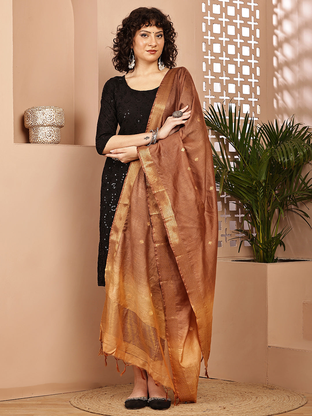 Dupatta-Cotton Silk - Gold Zari Buti-Brown+Beige