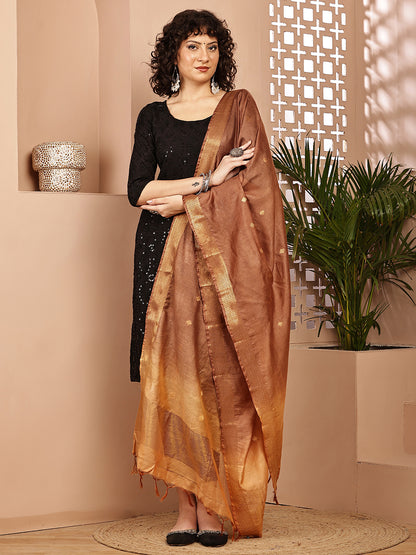 Dupatta-Cotton Silk - Gold Zari Buti-Brown+Beige