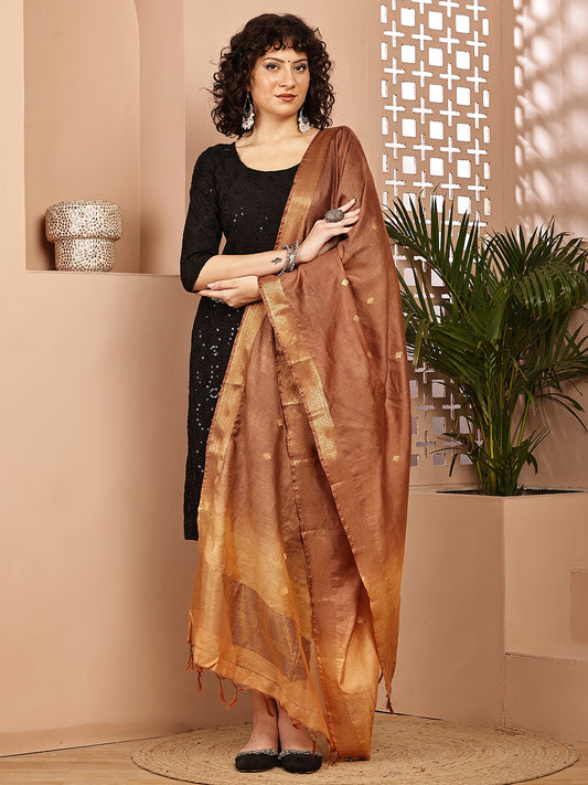 Dupatta-Cotton Silk - Gold Zari Buti-Brown+Beige