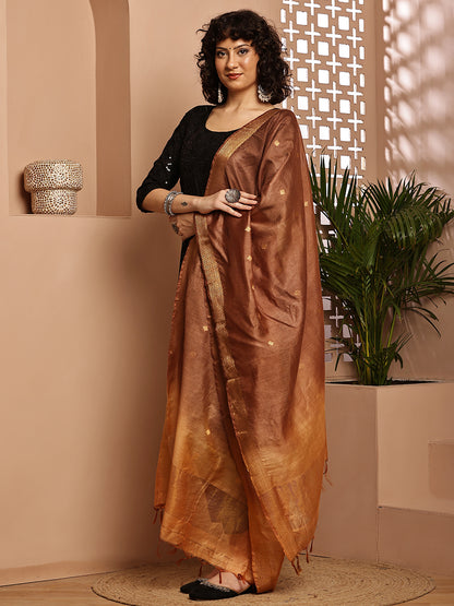Dupatta-Cotton Silk - Gold Zari Buti-Brown+Beige