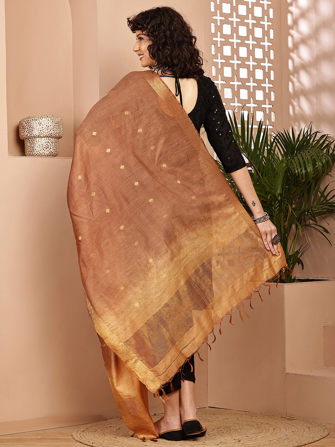 Dupatta-Cotton Silk - Gold Zari Buti-Brown+Beige