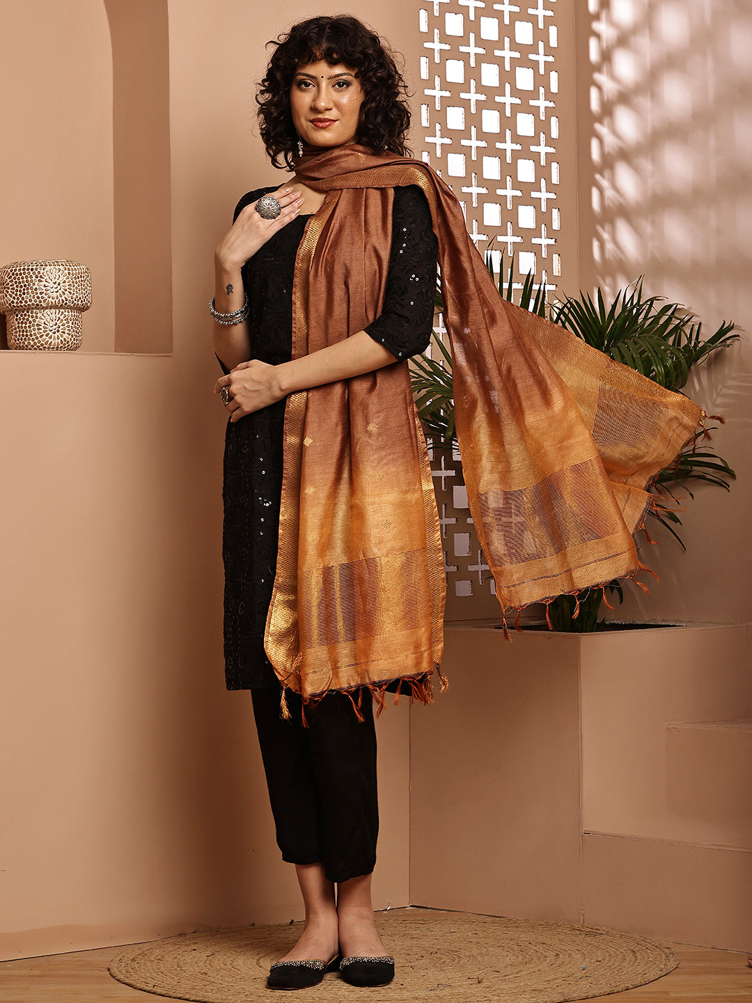 Dupatta-Cotton Silk - Gold Zari Buti-Brown+Beige