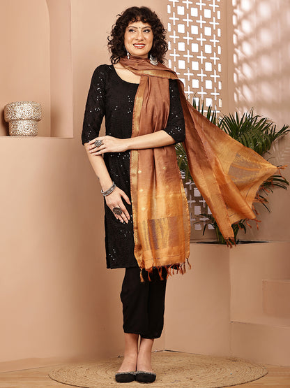 Dupatta-Cotton Silk - Gold Zari Buti-Brown+Beige