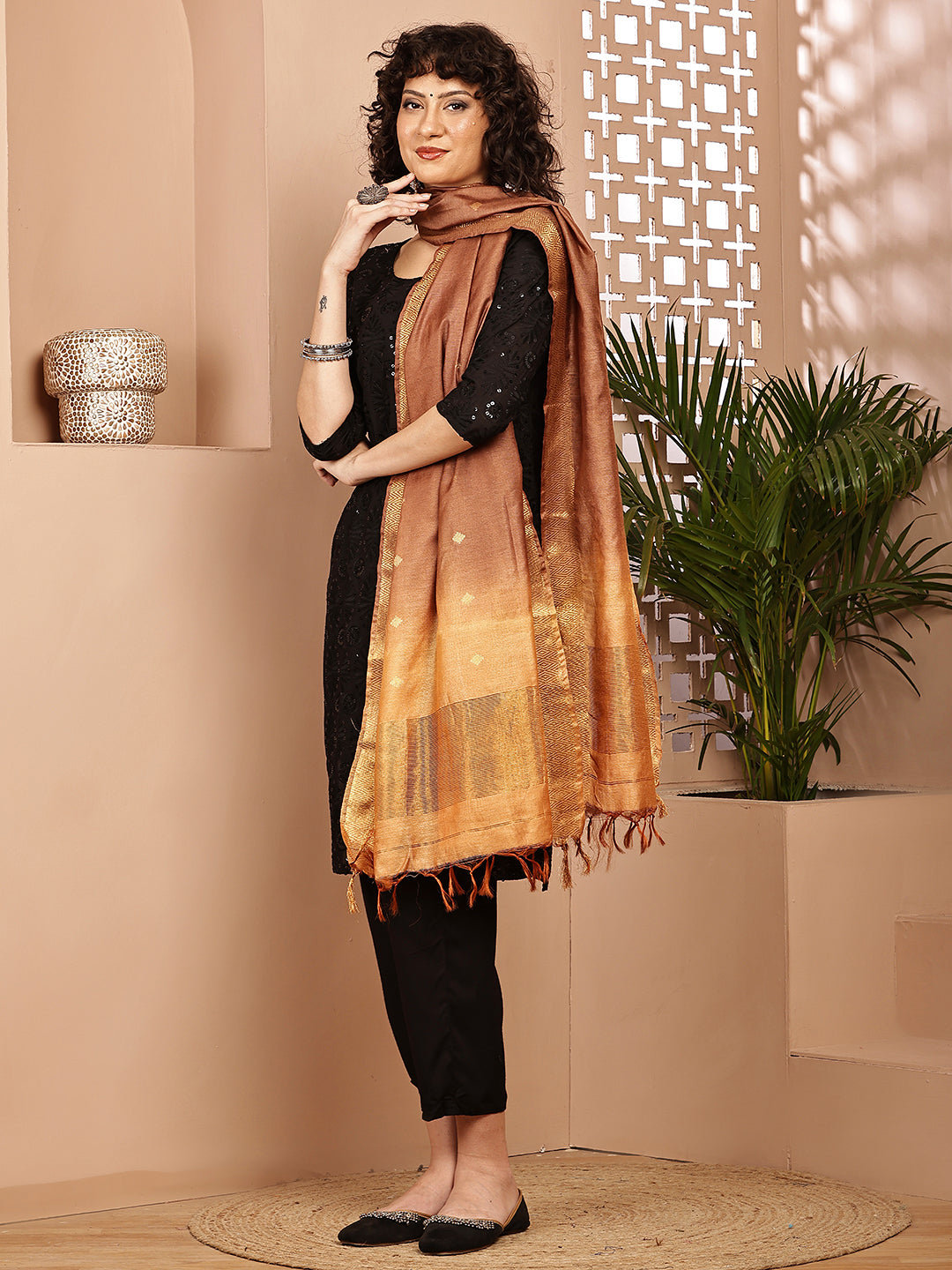Dupatta-Cotton Silk - Gold Zari Buti-Brown+Beige