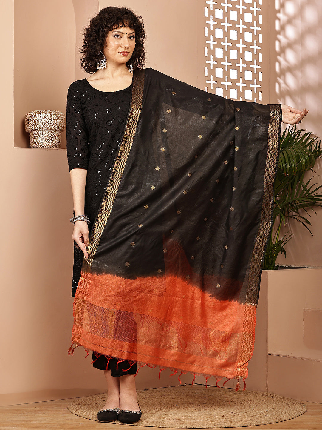 Dupatta-Cotton Silk - Gold Zari Buti-Black+Orange