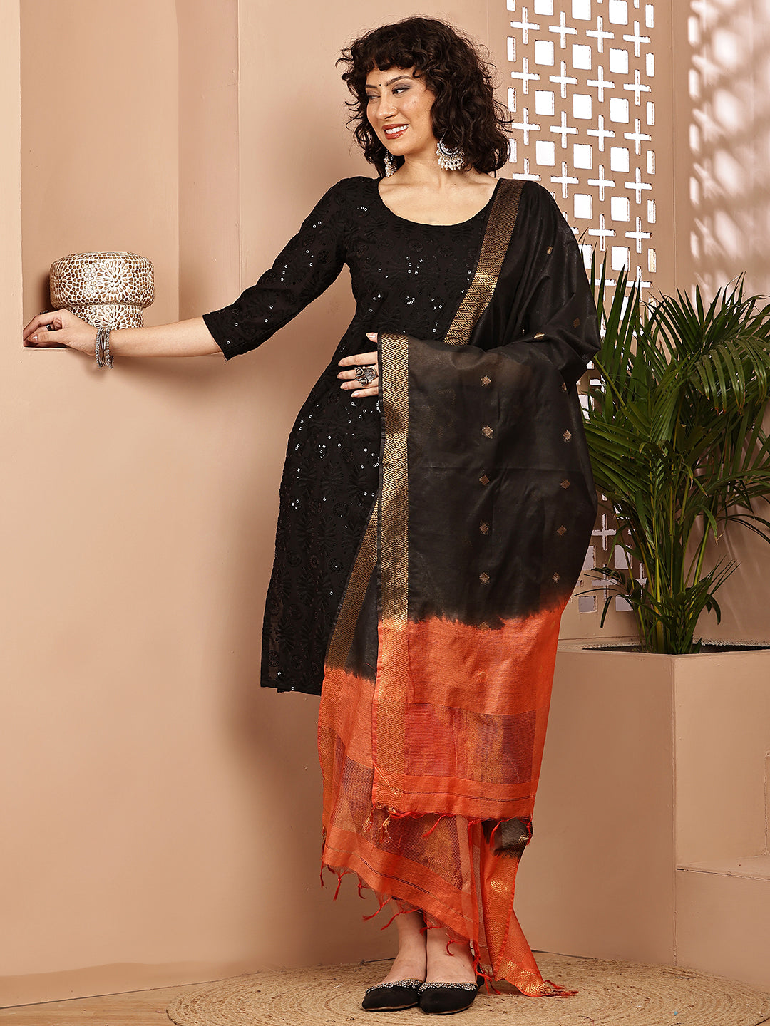 Dupatta-Cotton Silk - Gold Zari Buti-Black+Orange