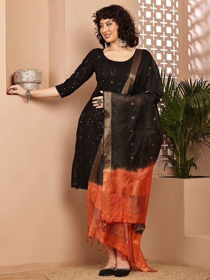 Dupatta-Cotton Silk - Gold Zari Buti-Black+Orange