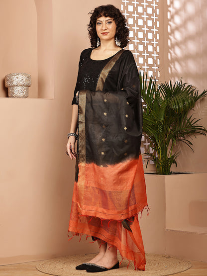 Dupatta-Cotton Silk - Gold Zari Buti-Black+Orange