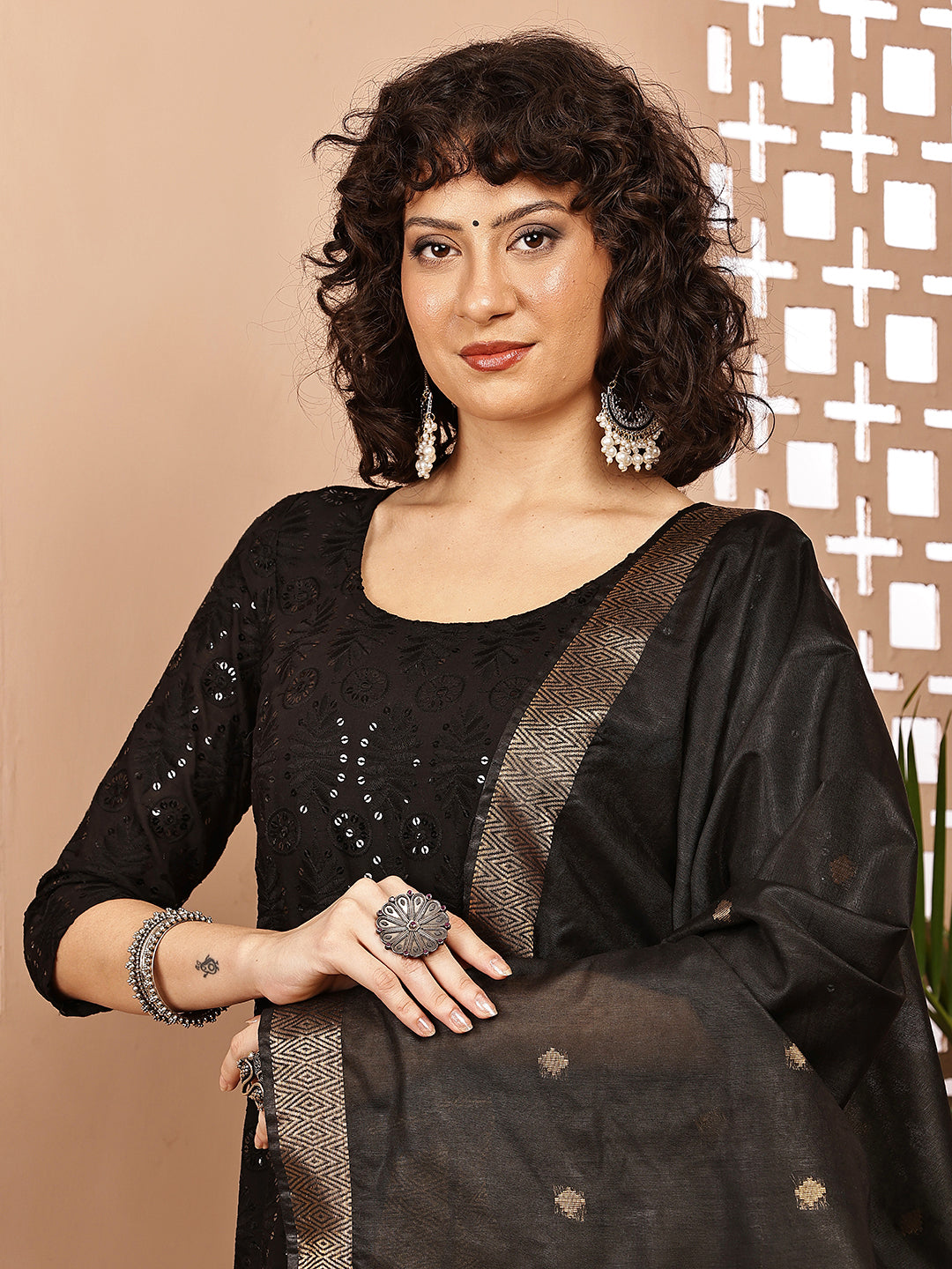 Dupatta-Cotton Silk - Gold Zari Buti-Black+Orange