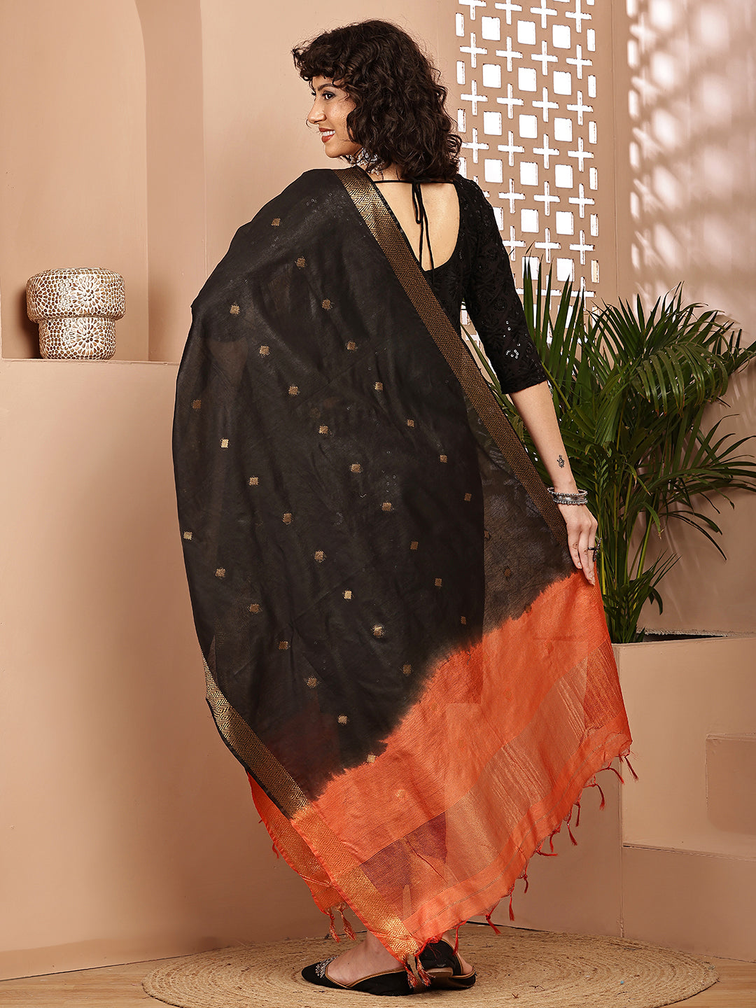 Dupatta-Cotton Silk - Gold Zari Buti-Black+Orange