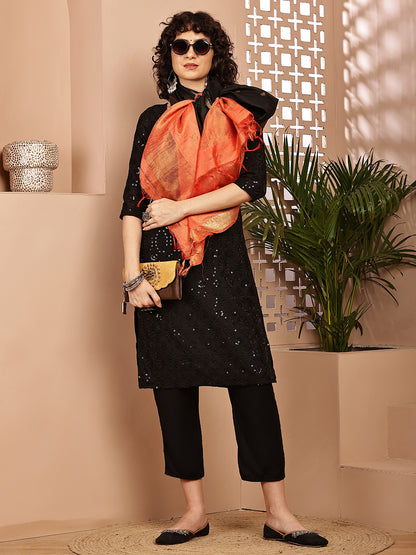 Dupatta-Cotton Silk - Gold Zari Buti-Black+Orange