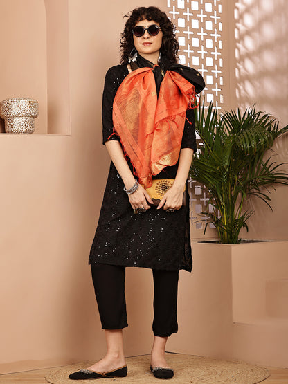 Dupatta-Cotton Silk - Gold Zari Buti-Black+Orange
