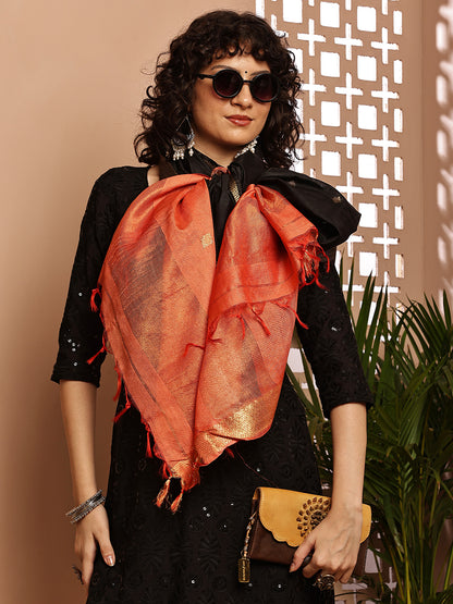 Dupatta-Cotton Silk - Gold Zari Buti-Black+Orange