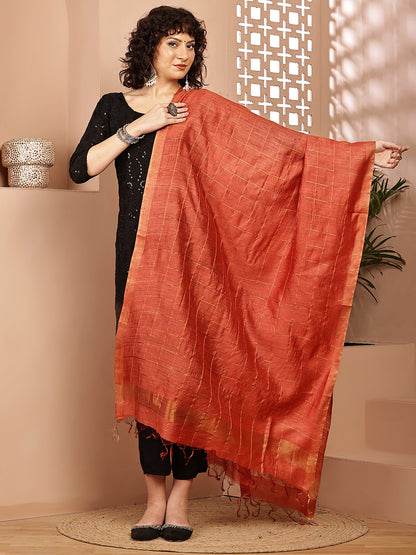 Dupatta- Muga- Rust Zari Check