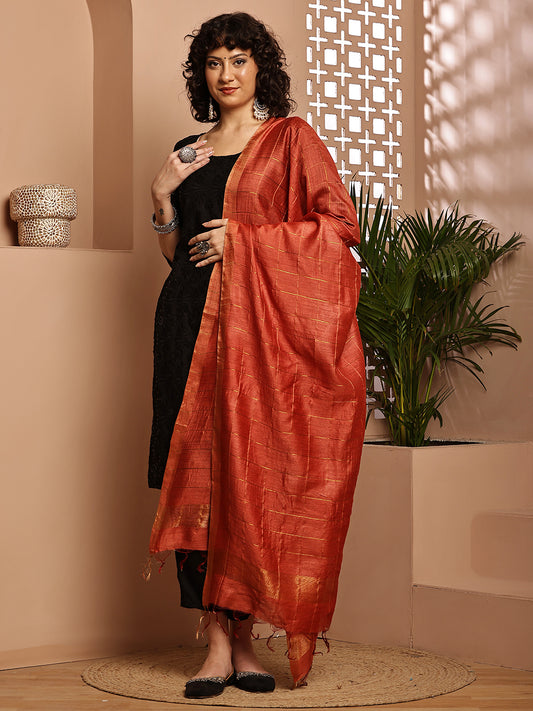 Dupatta- Muga- Rust Zari Check