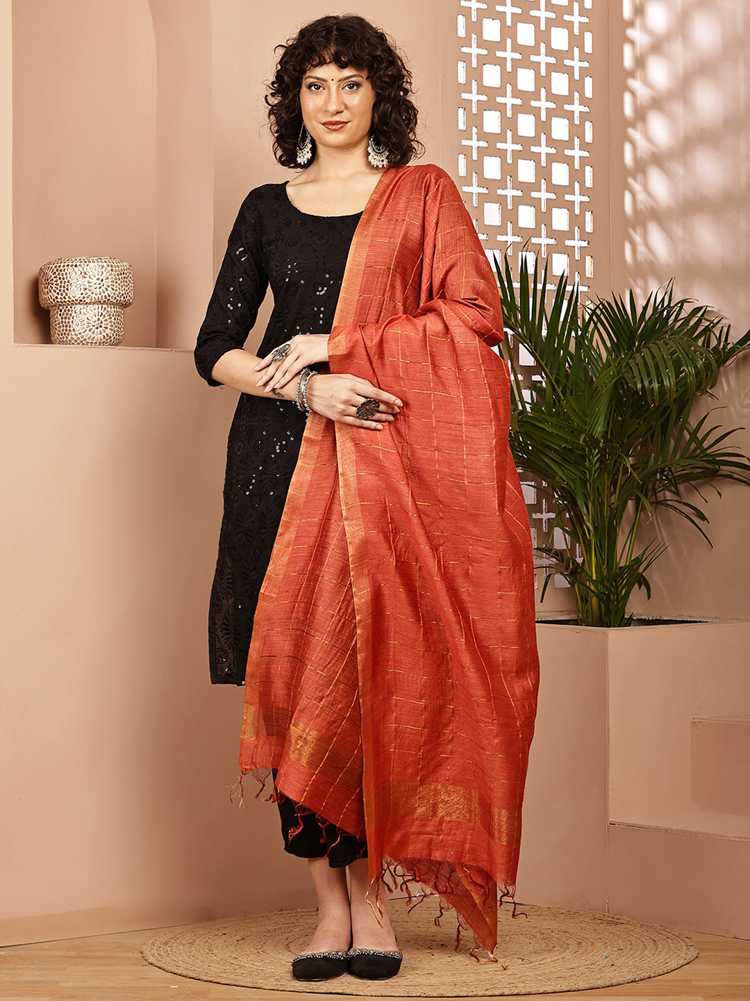 Dupatta- Muga- Rust Zari Check
