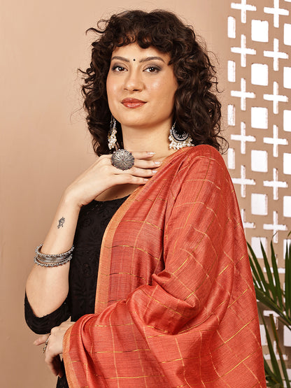 Dupatta- Muga- Rust Zari Check
