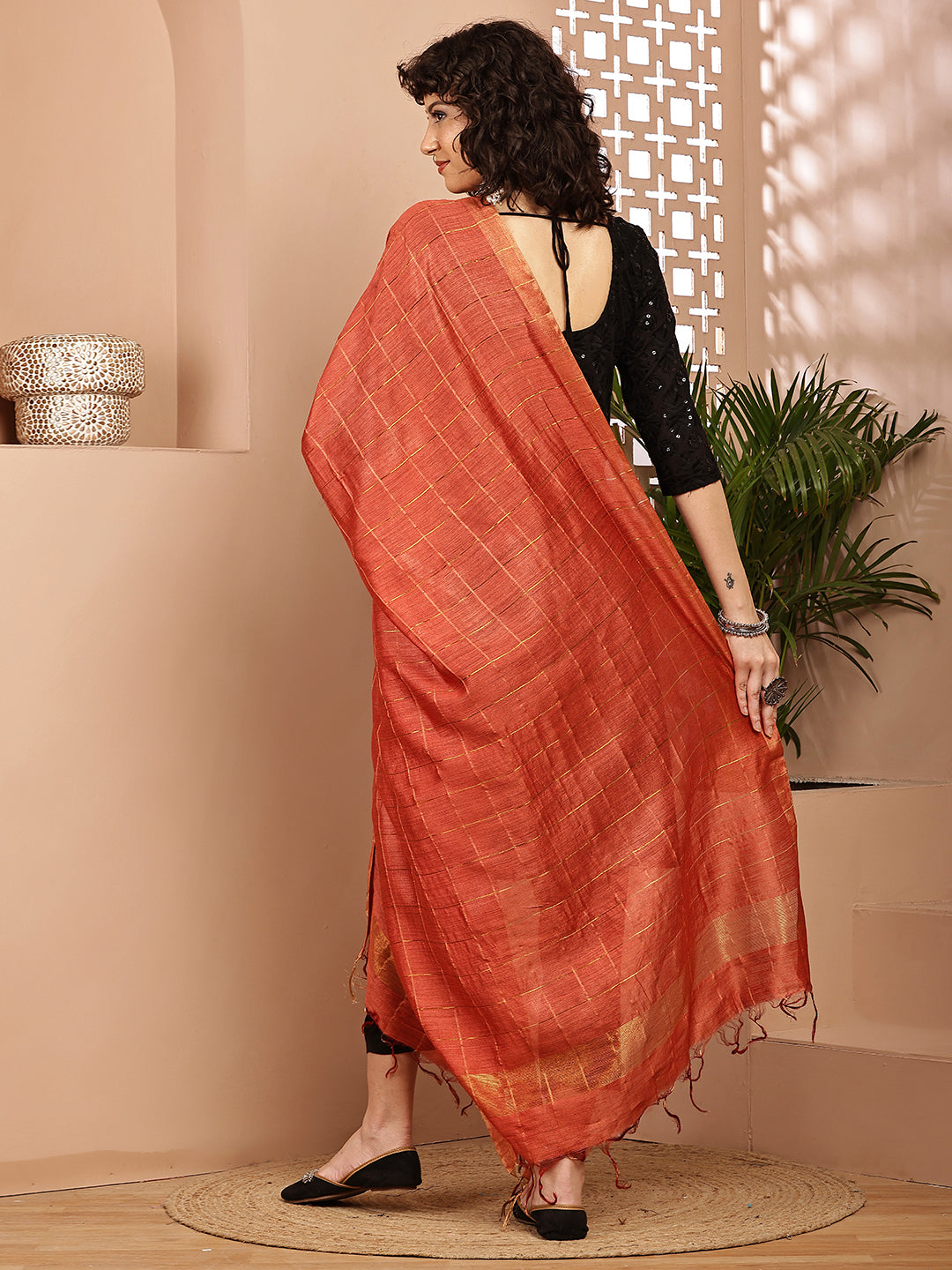 Dupatta- Muga- Rust Zari Check