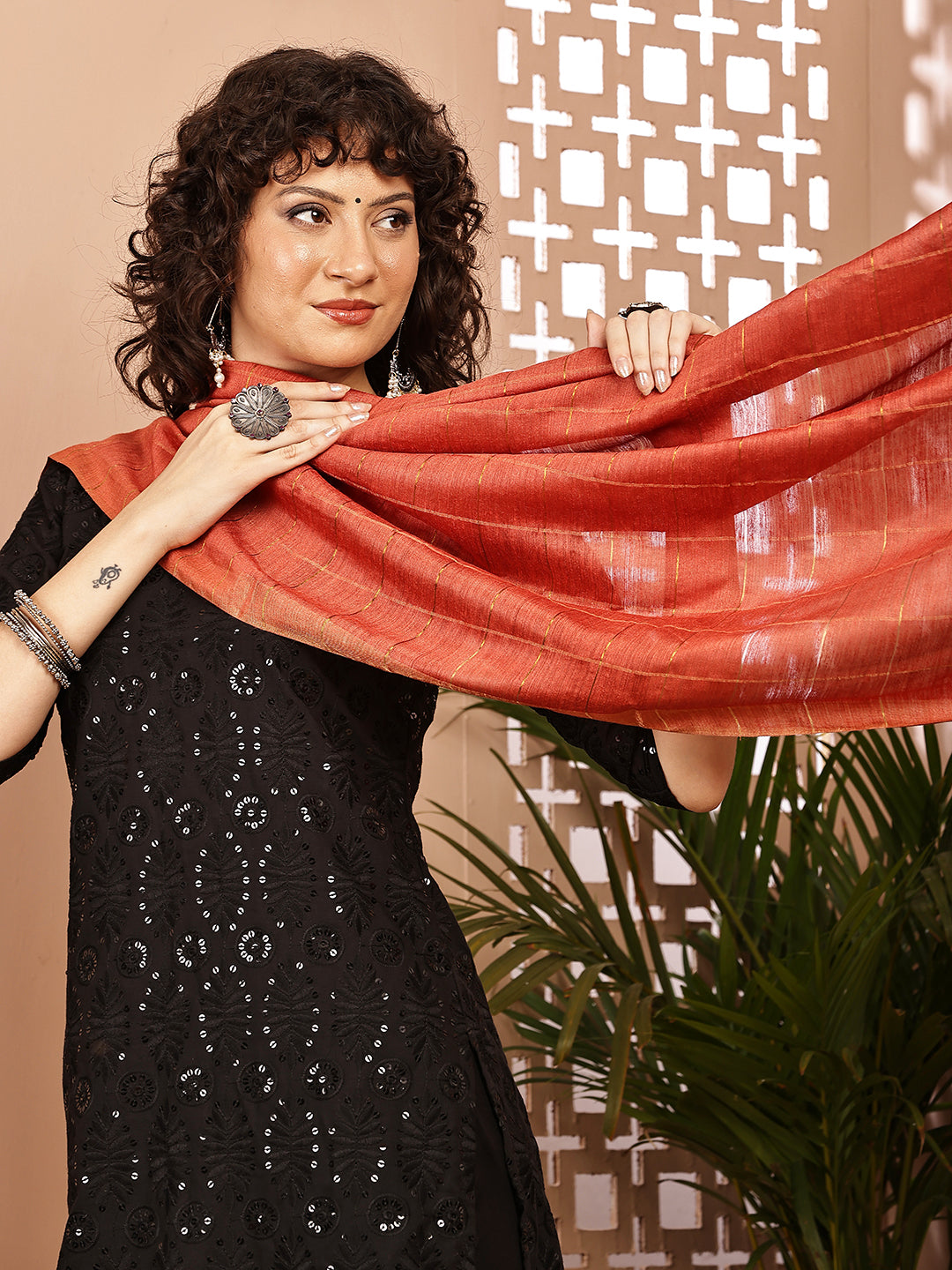 Dupatta- Muga- Rust Zari Check