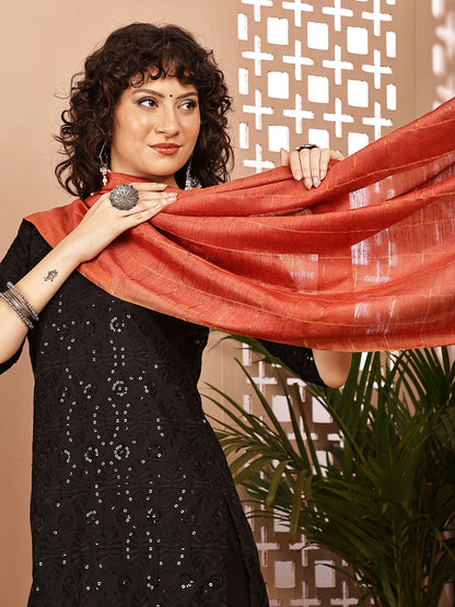 Dupatta- Muga- Rust Zari Check