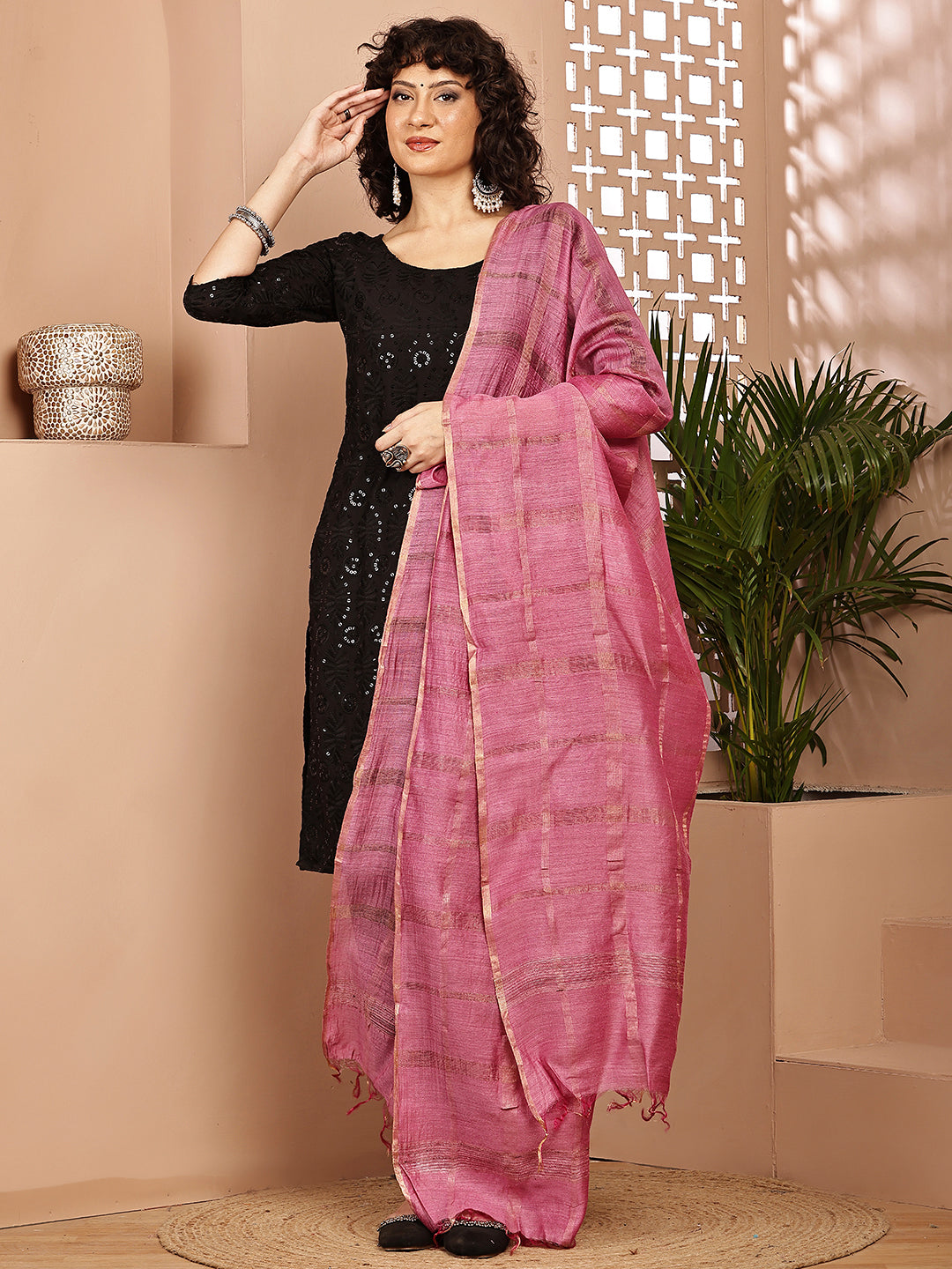 Dupatta- Muga- Watermelon Pink Self