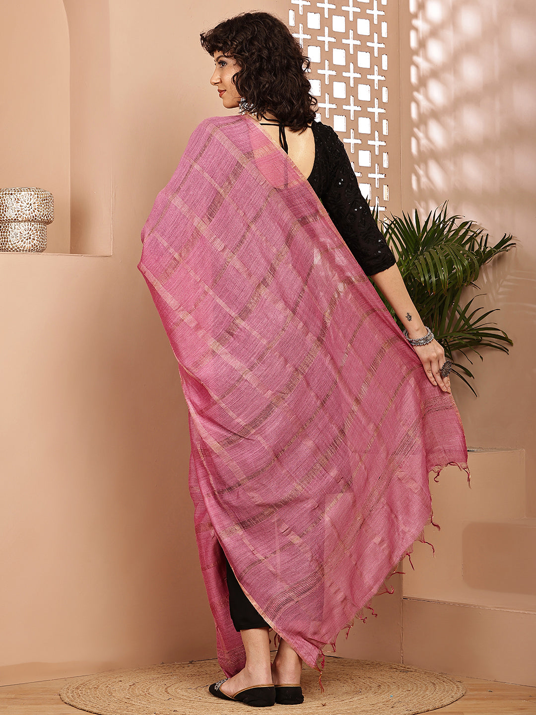 Dupatta- Muga- Watermelon Pink Self