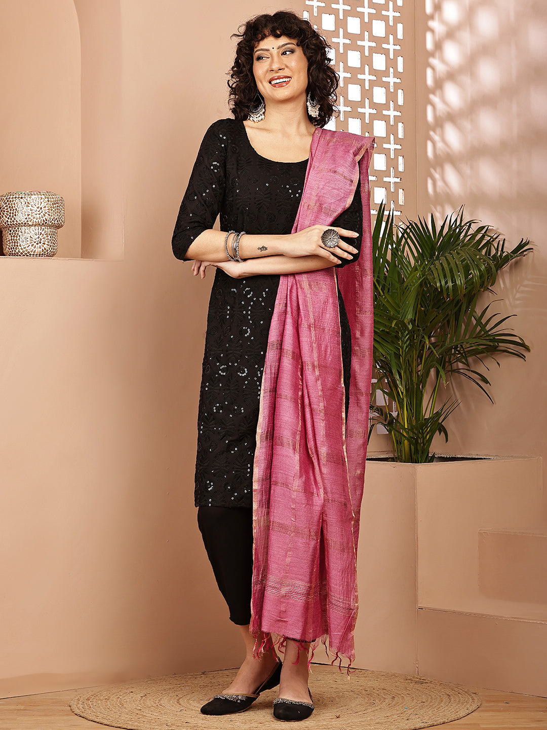 Dupatta- Muga- Watermelon Pink Self