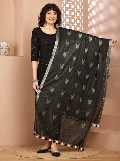 Dupatta-Cotton Zari Ikkat Buta - Black