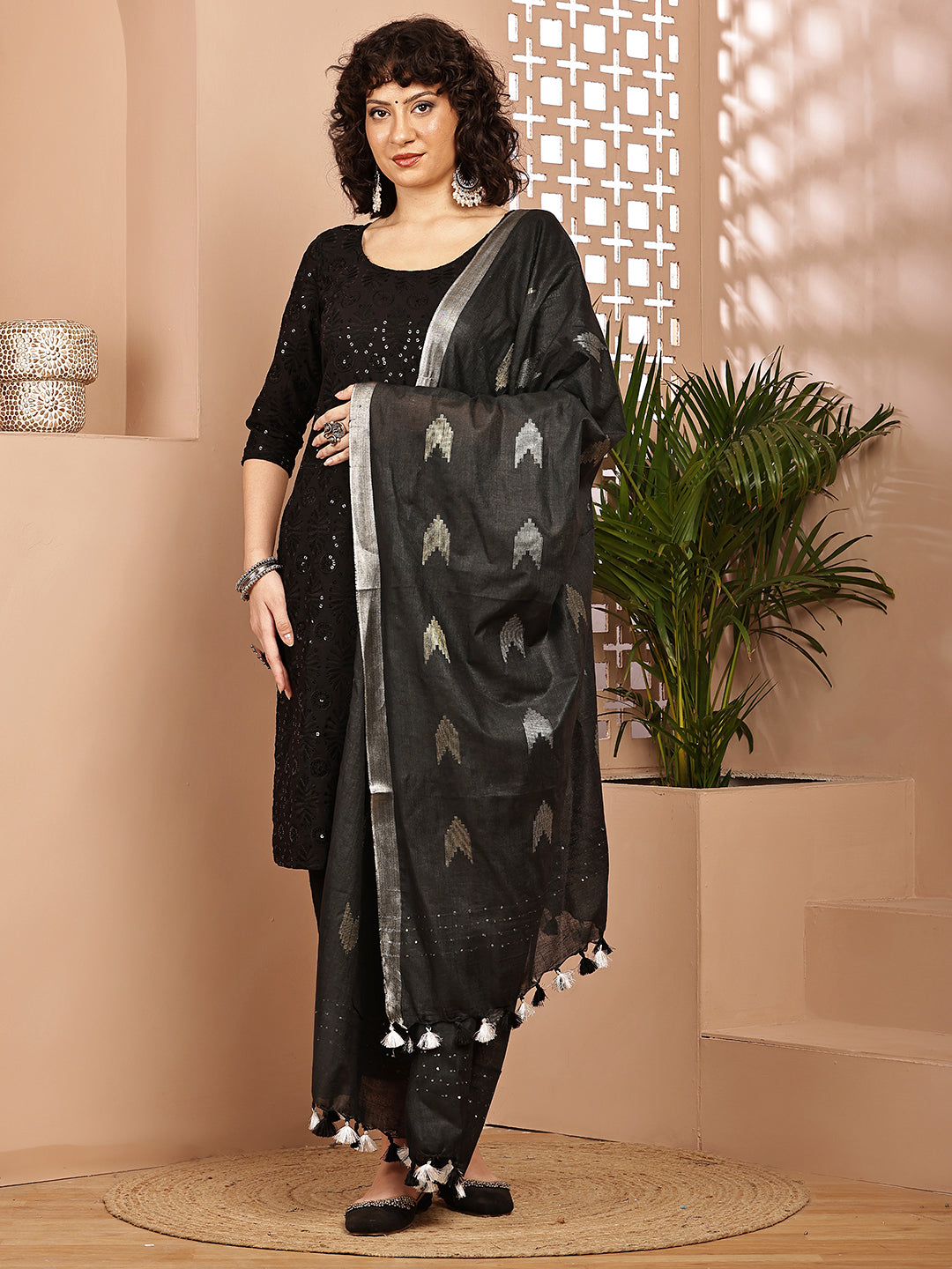 Dupatta-Cotton Zari Ikkat Buta - Black