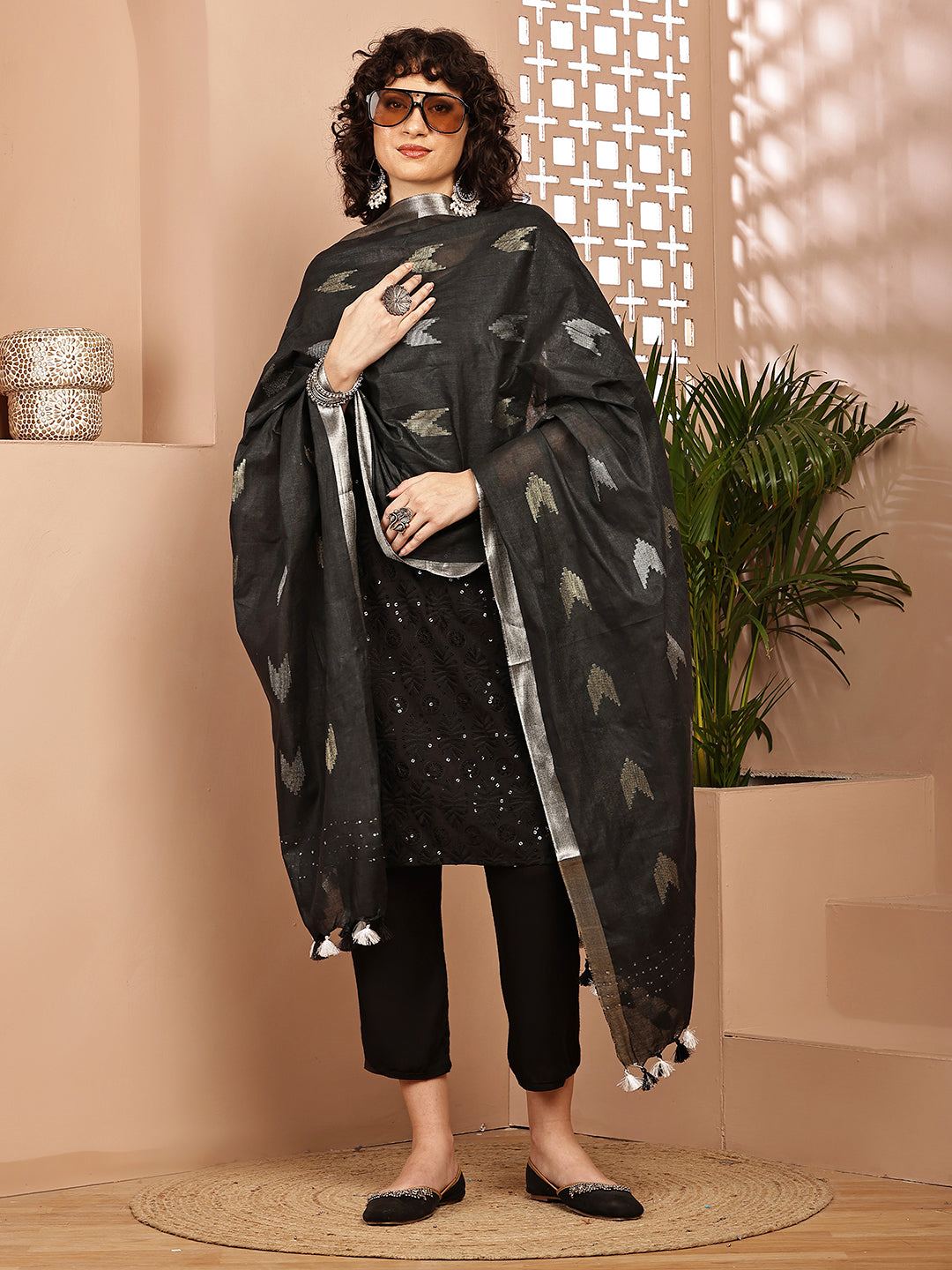 Dupatta-Cotton Zari Ikkat Buta - Black