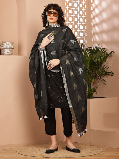 Dupatta-Cotton Zari Ikkat Buta - Black