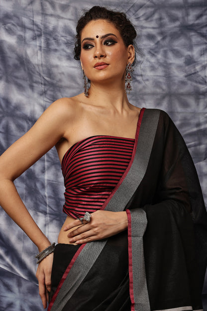 Handloom Saree-Black with Red Piping Border