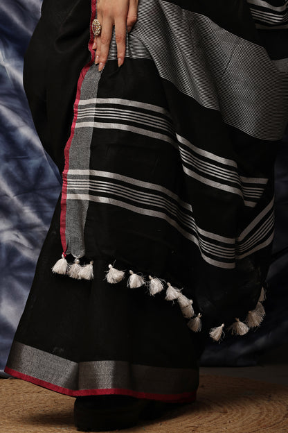 Handloom Saree-Black with Red Piping Border