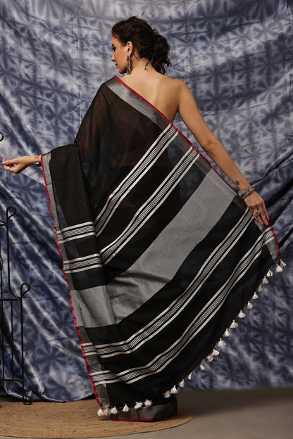 Handloom Saree-Black with Red Piping Border