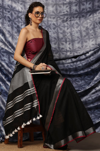 Handloom Saree-Black with Red Piping Border