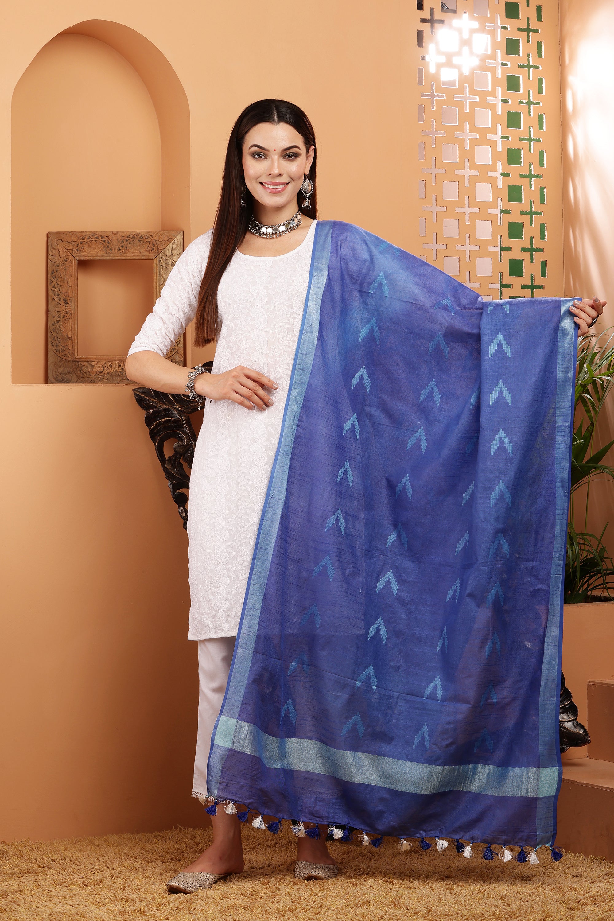 Dupatta -Cotton Ikkat Buta -Indigo Blue