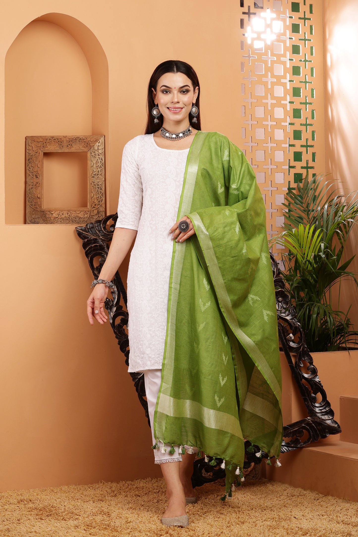 Dupatta -Cotton Ikkat Buta -Green