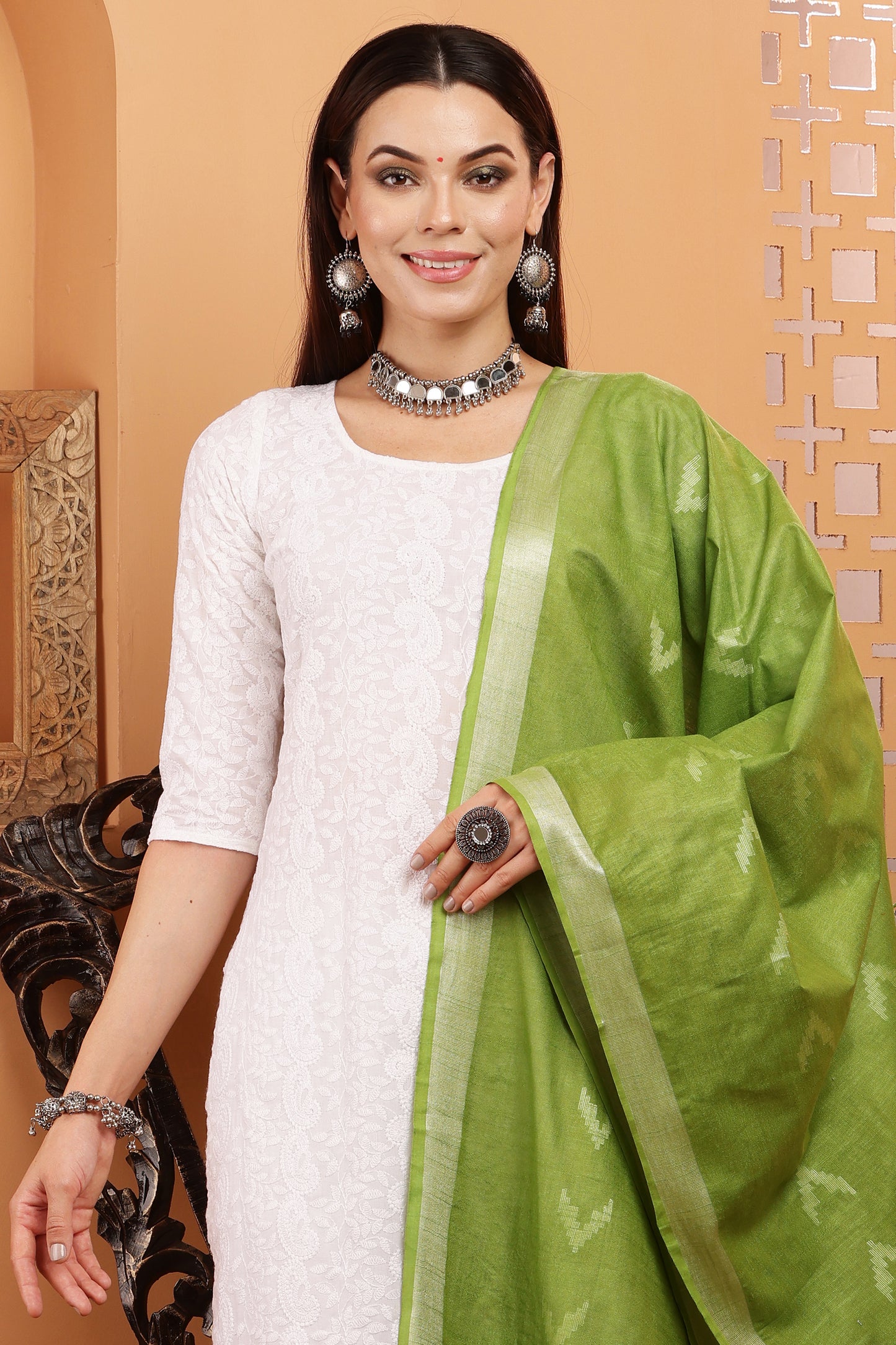 Dupatta -Cotton Ikkat Buta -Green