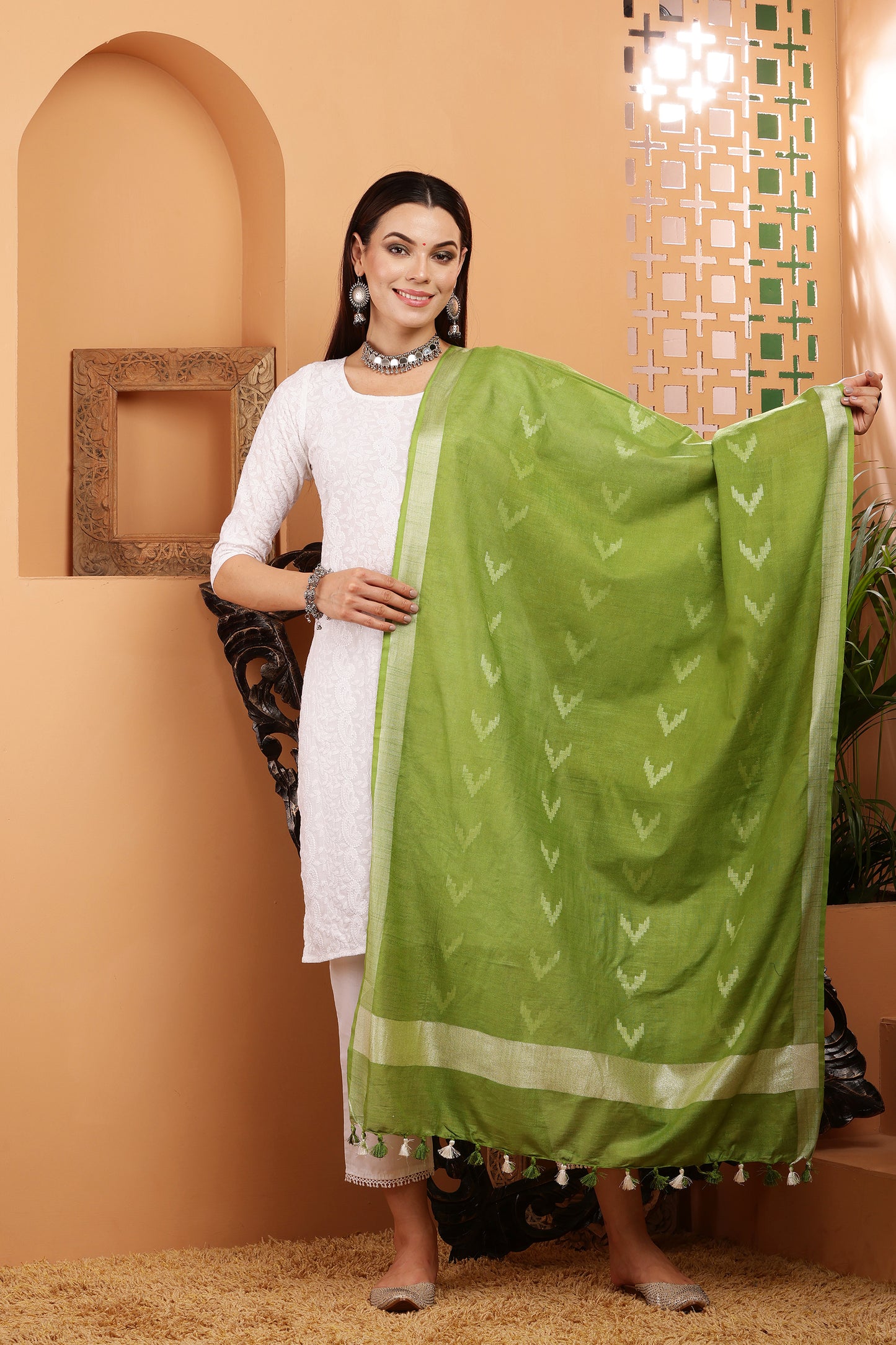 Dupatta -Cotton Ikkat Buta -Green