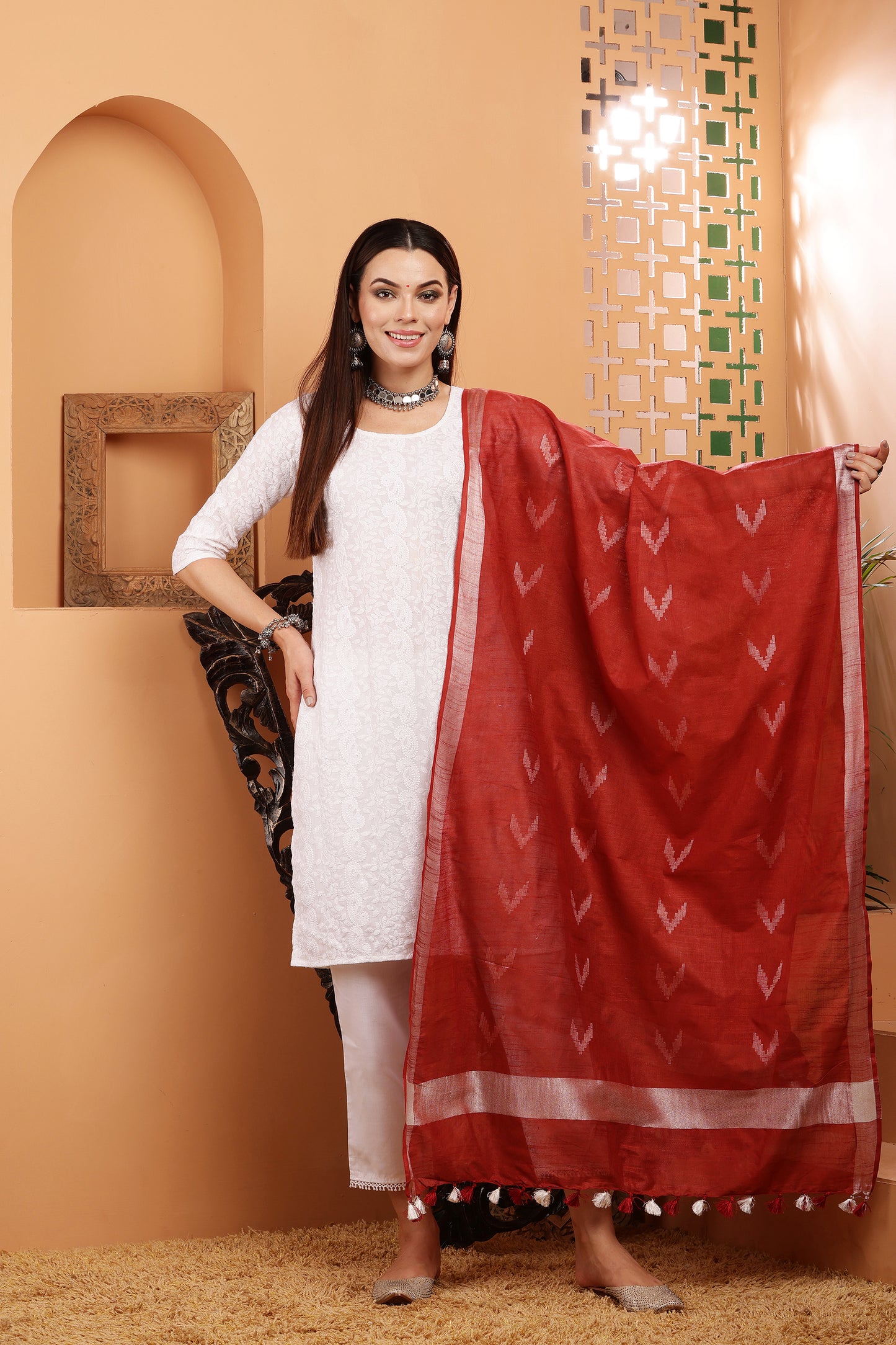 Dupatta -Cotton Ikkat Buta -Maroon