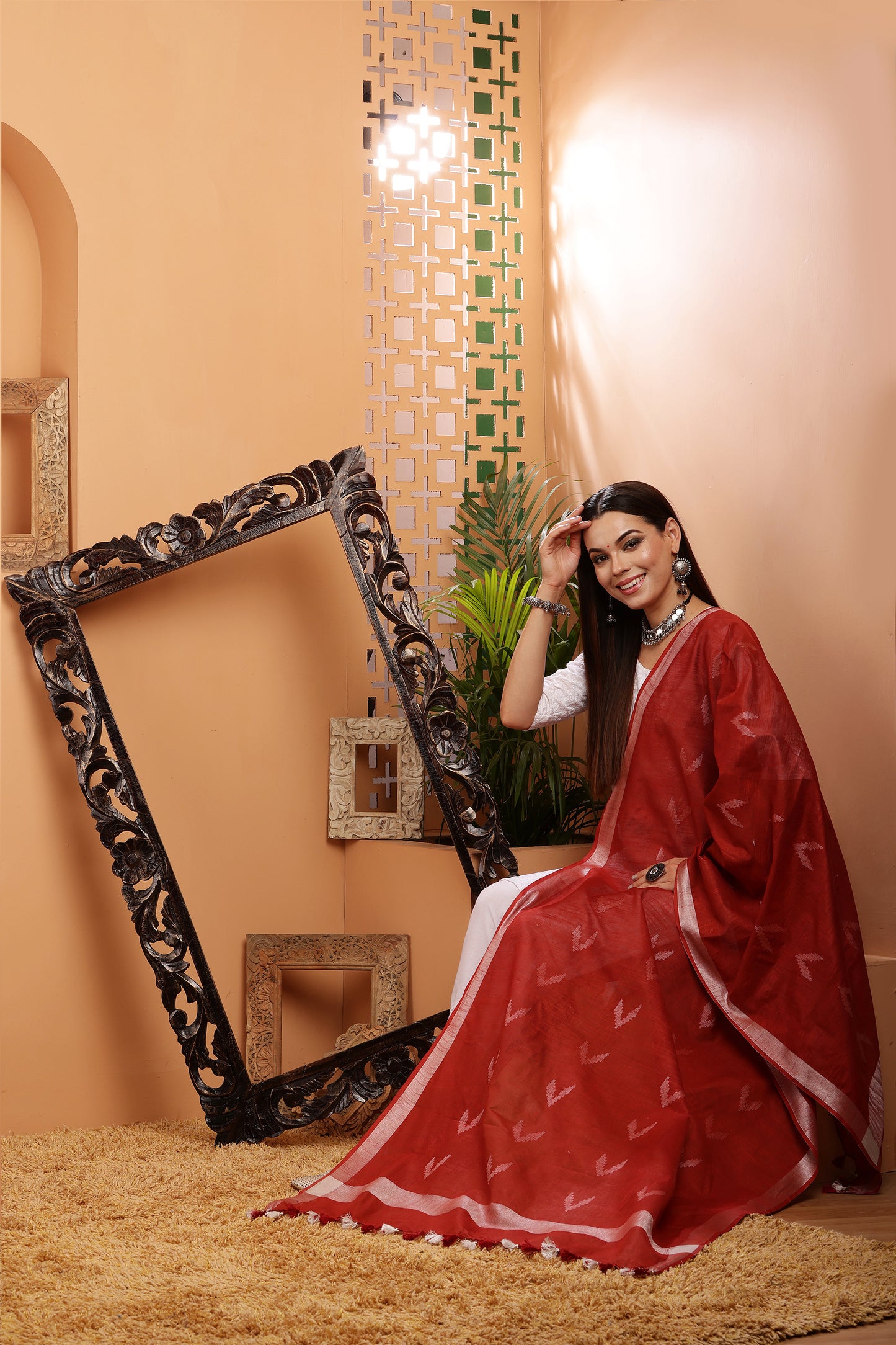 Dupatta -Cotton Ikkat Buta -Maroon