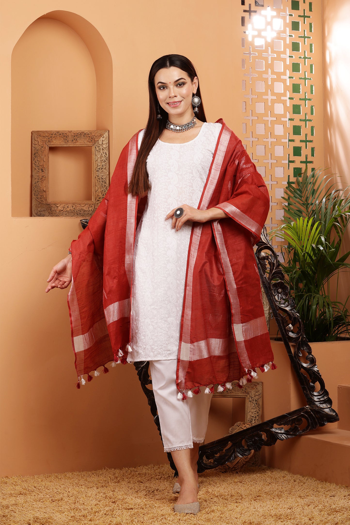 Dupatta -Cotton Ikkat Buta -Maroon
