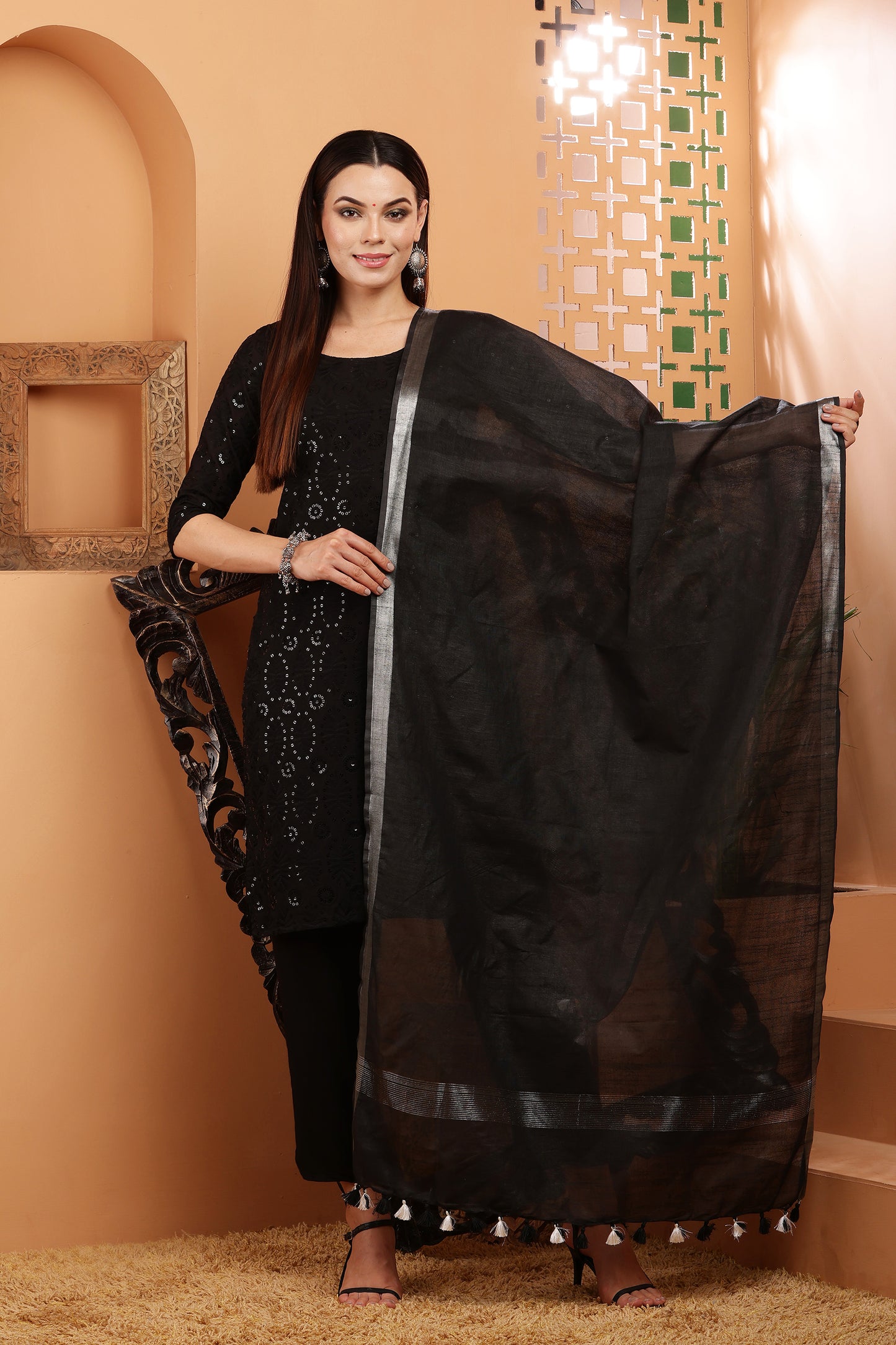Dupatta -Cotton Slub Linen -Black