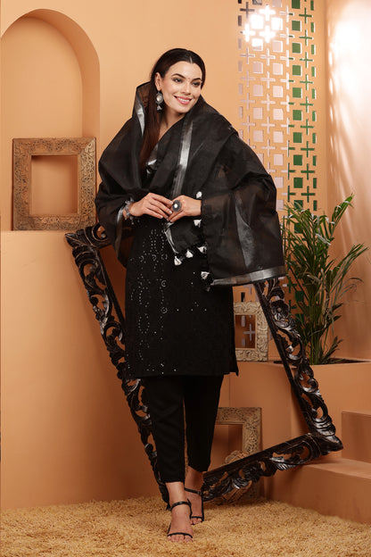 Dupatta -Cotton Slub Linen -Black